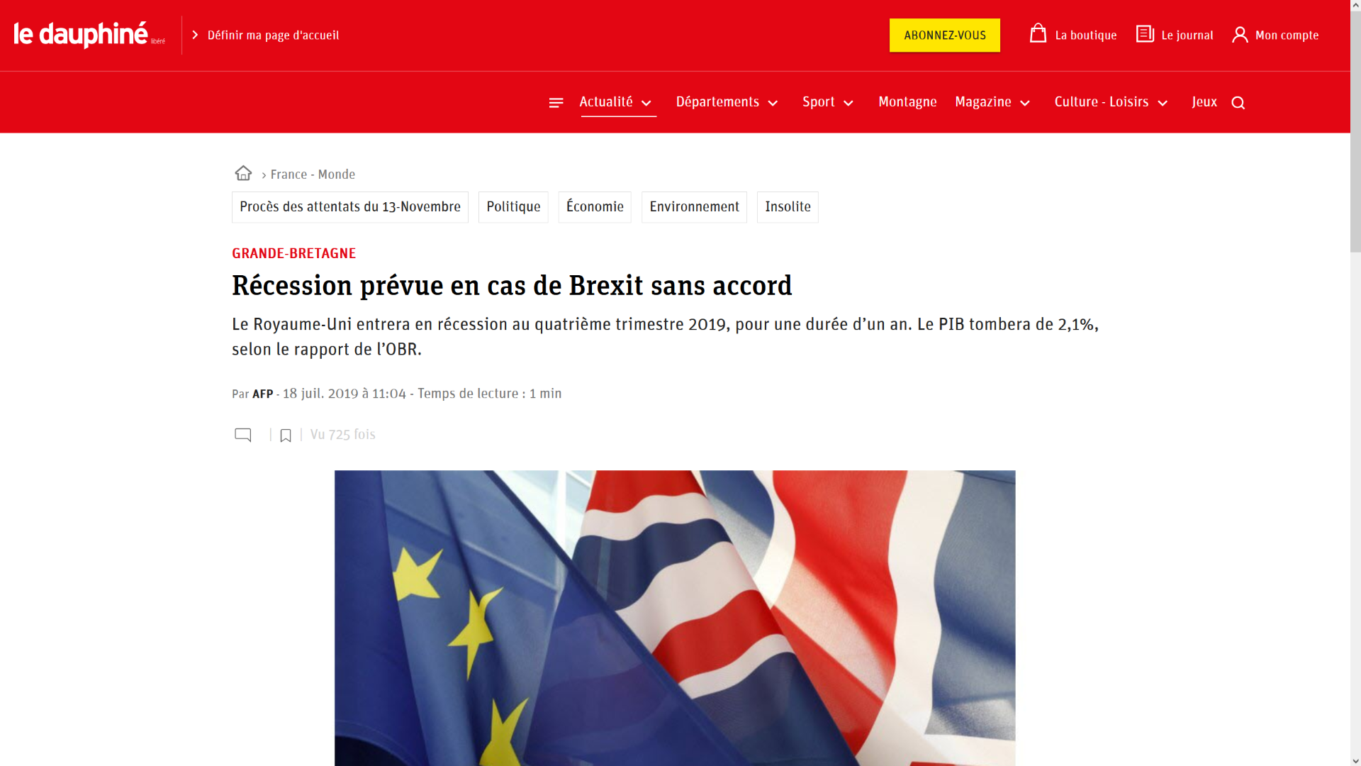 GB: récession prévue en cas de Brexit sans accord (institut officiel)